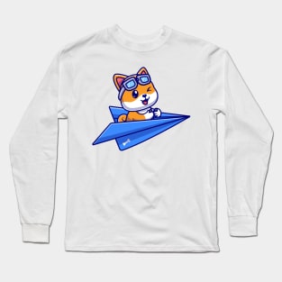 Cute Shiba Inu Dog Pilot Driving Paper Plane Cartoon Long Sleeve T-Shirt